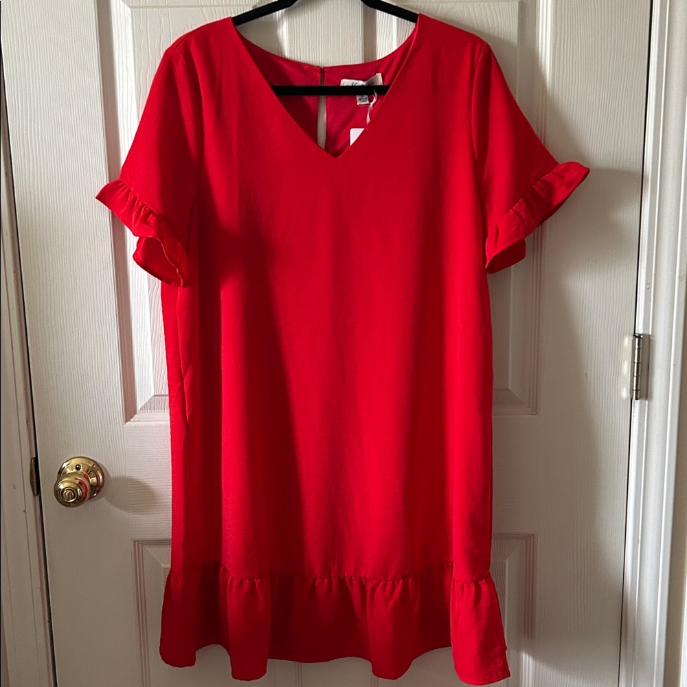 She + Sky Red V-Neck‎ Ruffle Sleeve Sisterhood Dress Sz L Autumn Wedding Guest